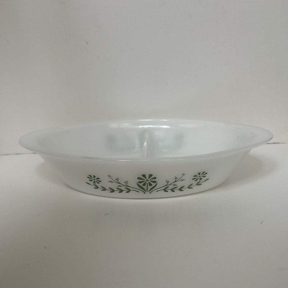 Vintage Glasbake Daisy J2352 White Green Floral Divided Oval Bowl, Milk Glass